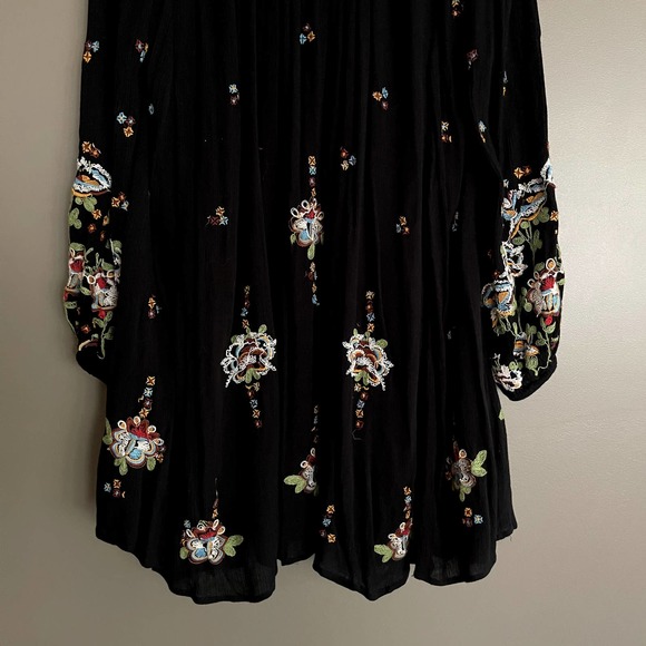 Free People Oxford Embroidered Mini Dress Black Sz Large Floral Embroidery Boho - Picture 14 of 15